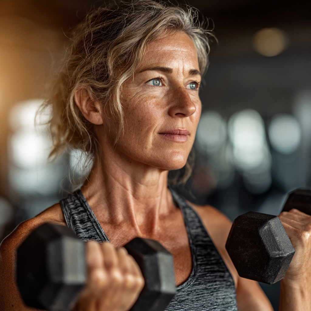 Energetic middle-aged woman in her 50s doing strength training with dumbbells in modern gym, wearing athletic wear and showing determination
