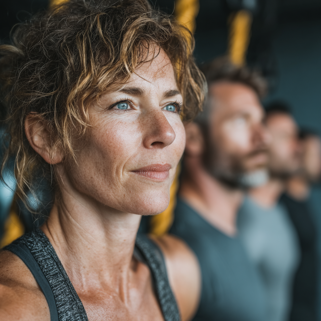 Group of motivated adults aged 45-50 doing functional training together in bright modern fitness studio, showing teamwork and determination