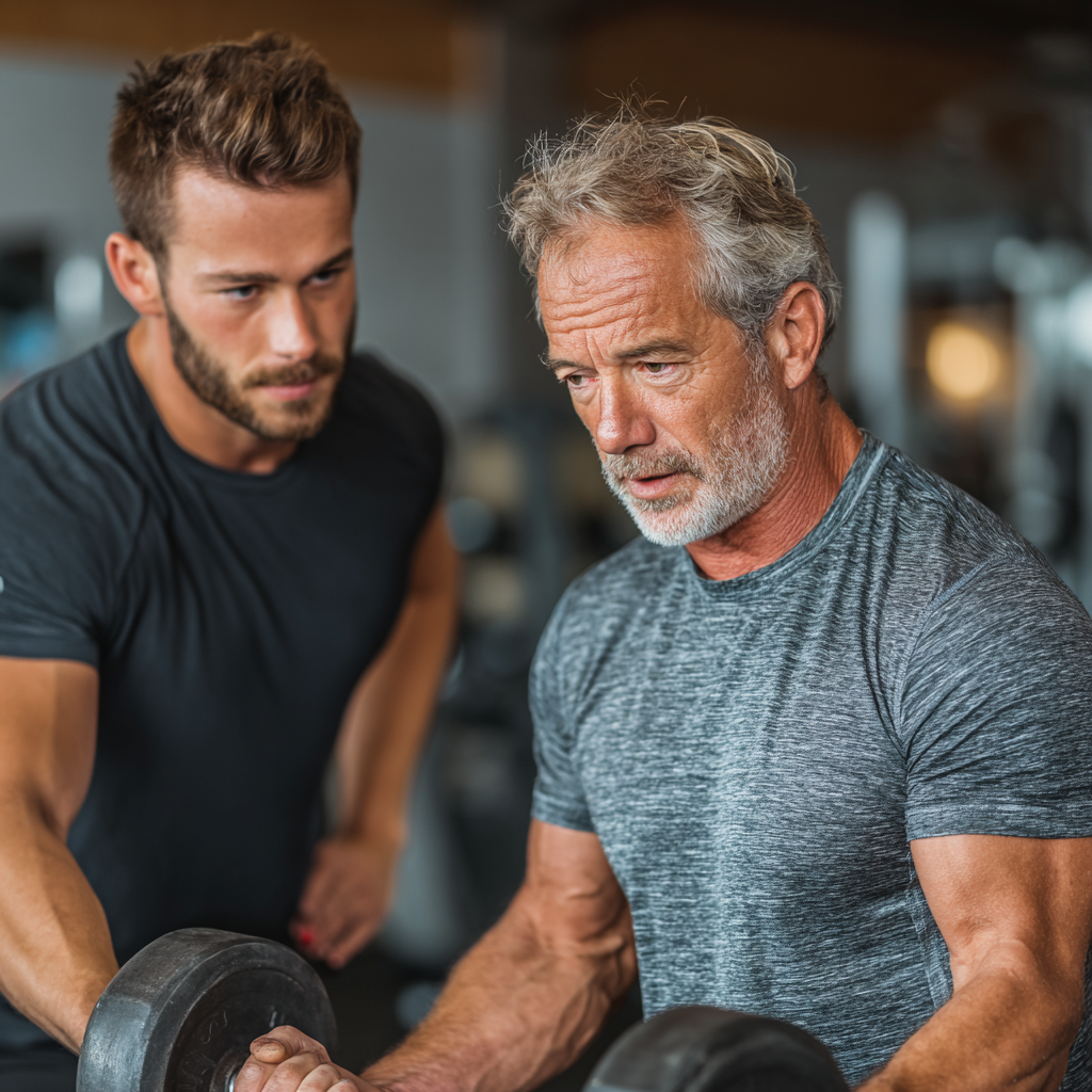 Professional fitness trainer working with middle-aged man around 48 years old in well-equipped gym, demonstrating proper form and technique